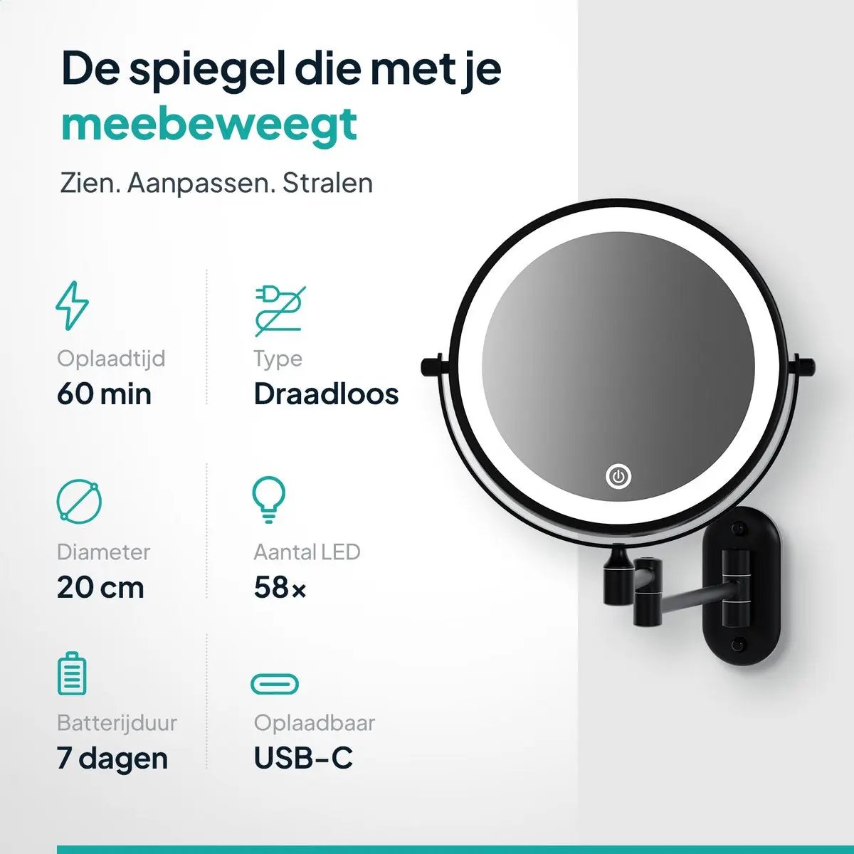 Make-up Spiegel SaniSupreme Bari USB Ø20cm LED Verlichting 10x Vergroting Mat Zwart Sanisupreme