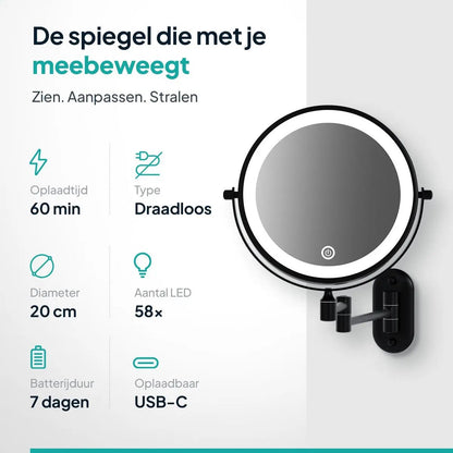 Make-up Spiegel SaniSupreme Bari USB Ø20cm LED Verlichting 10x Vergroting Mat Zwart Sanisupreme