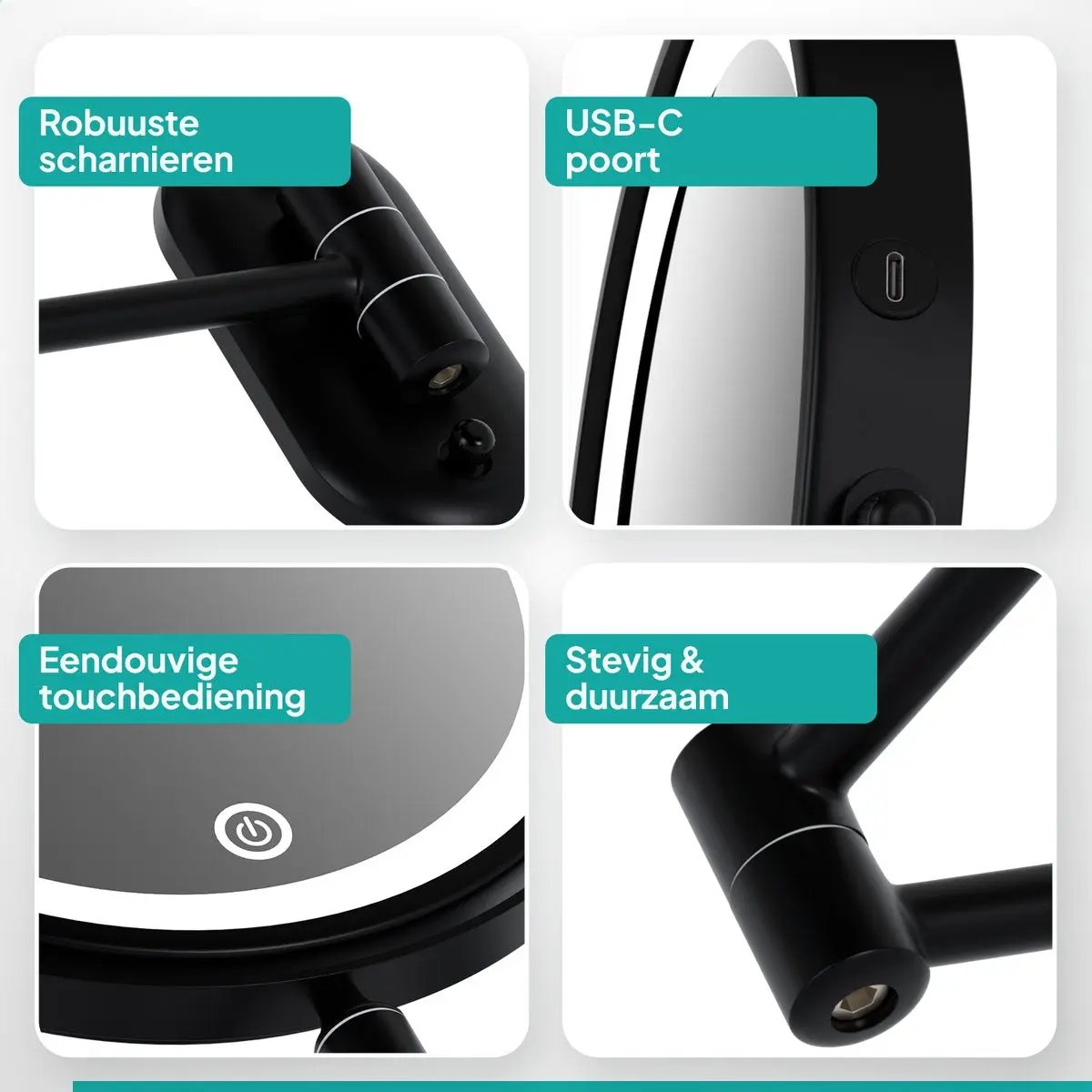 Make-up Spiegel SaniSupreme Bari USB Ø20cm LED Verlichting 10x Vergroting Mat Zwart Sanisupreme