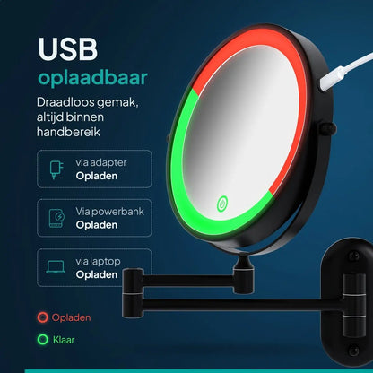 Make-up Spiegel SaniSupreme Bari USB Ø20cm LED Verlichting 10x Vergroting Mat Zwart Sanisupreme