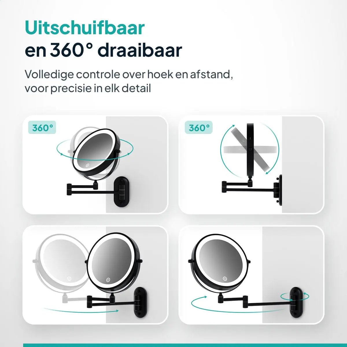 Make-up Spiegel SaniSupreme Bari USB Ø20cm LED Verlichting 10x Vergroting Mat Zwart Sanisupreme