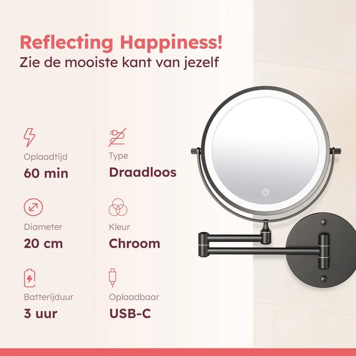 Make-up Spiegel SaniSupreme Bari USB Ø20cm LED Verlichting 10x Vergroting Mat Zwart Sanisupreme