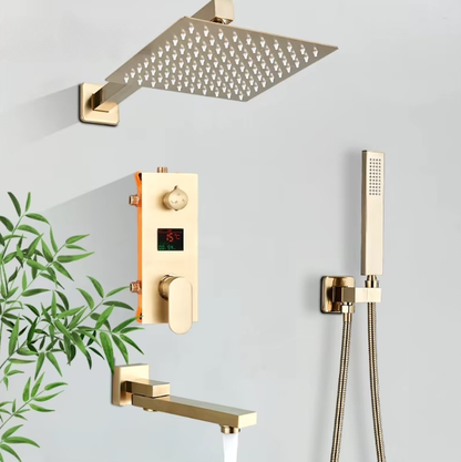 SaniSupreme Shower set Manhattan Premium de Luxe LCD 12 inch rain shower square 2-way Gloss Gold