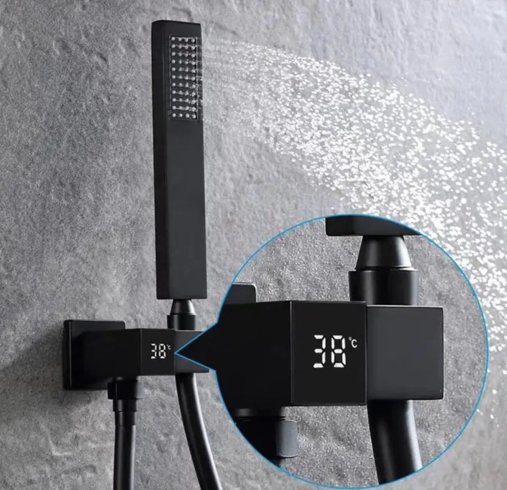 Messing Ophangbeugel Draaibare Muurkoppeling met LCD temperatuur weergave houder voor handdouche Vierkant mat zwart