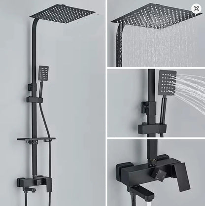 SaniSupreme Milaan opbouw bad doucheset met baduitloop 30 cm. regendouche mat zwart vierkant Sanisupreme