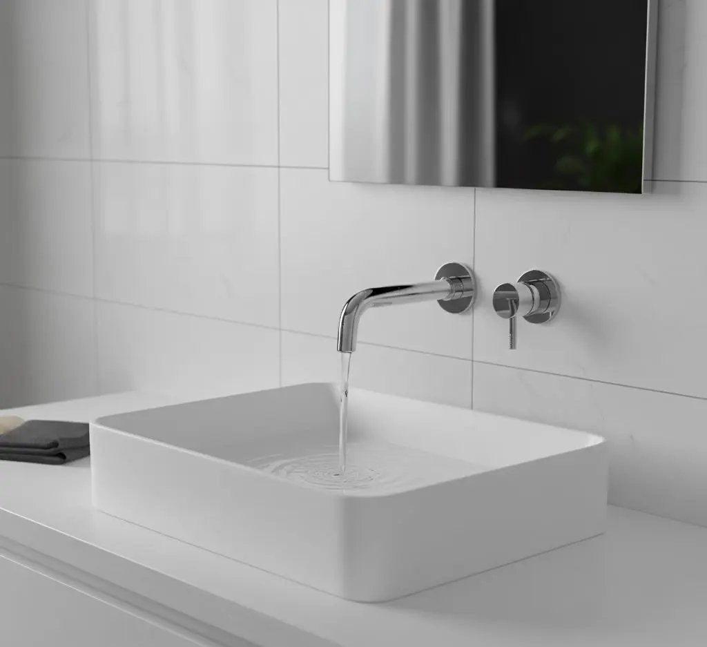 Close-up van een moderne, wandgemonteerde chromen kraan boven een rechthoekige witte opbouwspoelbak in een badkamer met witte marmeren tegels.