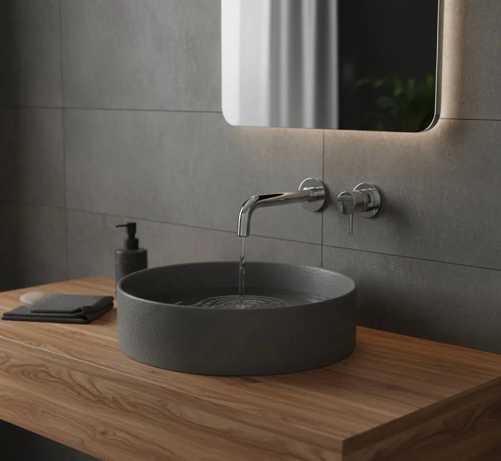 Moderne badkamerinrichting met een wandgemonteerde chromen kraan boven een ronde, donkergrijze opbouwspoelbak. De spoelbak rust op een houten wastafelblad, tegen een muur van donkergrijze tegels, met een verlichte spiegel erboven.