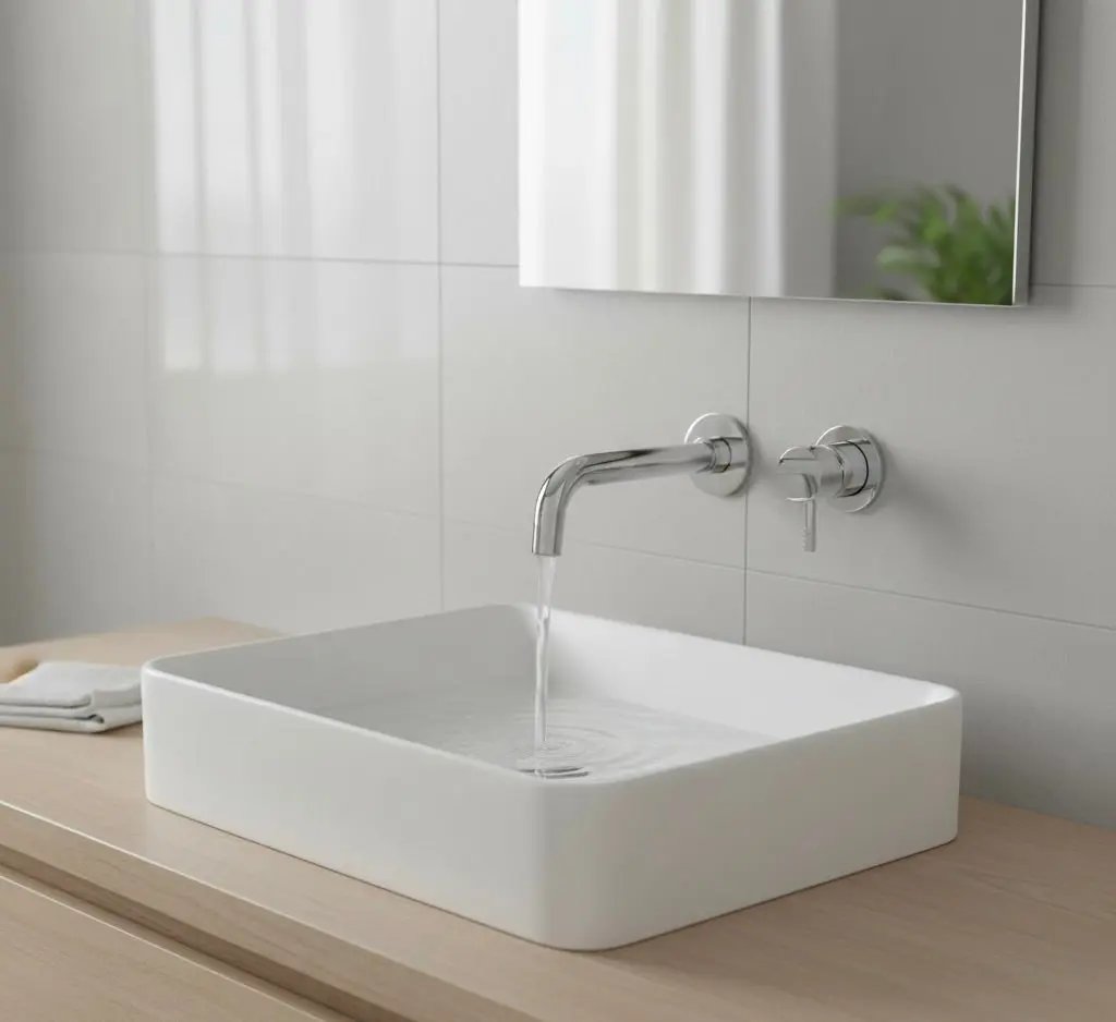 Een moderne badkamer met een chromen, wandgemonteerde kraan die water laat lopen in een rechthoekige witte opbouwspoelbak. De spoelbak rust op een licht houten badmeubel, met lichtgrijze vierkante tegels op de achterwand en een spiegel erboven