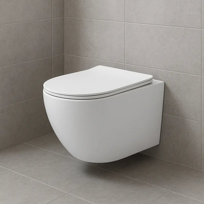 SaniSupreme Aloni Pro hangtoilet / ophang WC – tornado flush – randloos – met zitting – compact 49 cm – mat wit SaniSupreme