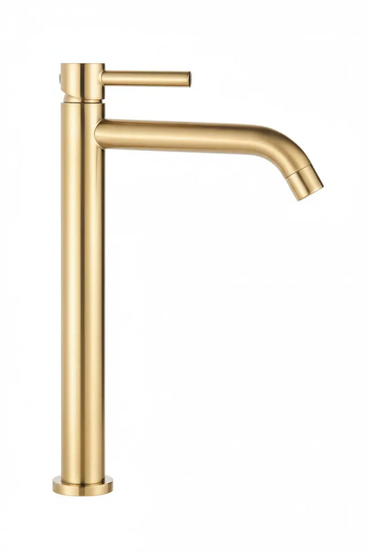 SaniSupreme Allicante wastafel kraan opbouw hoog model gebogen uitloop Goud Brushed Sanisupreme