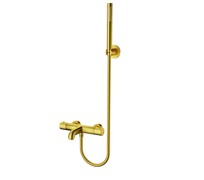 SaniSupreme Aloni douche/badset opbouw thermostatische badmengkraan 2 weg met ronde handdouche en wandbeugel Geborsteld Goud