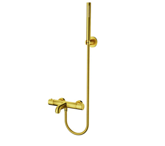 SaniSupreme Aloni douche/badset opbouw thermostatische badmengkraan 2 weg met ronde handdouche en wandbeugel Geborsteld Goud