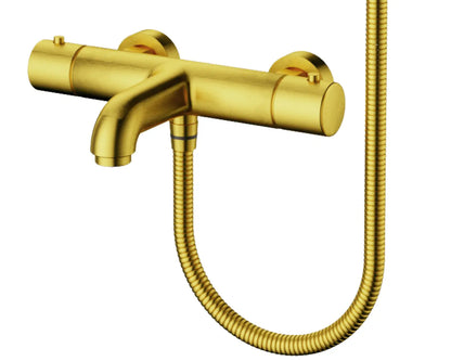 SaniSupreme Aloni douche/badset opbouw thermostatische badmengkraan 2 weg met ronde handdouche en wandbeugel Geborsteld Goud