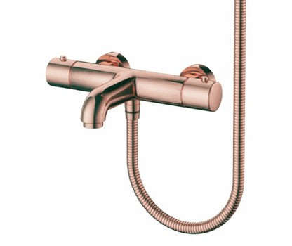 SaniSupreme Aloni douche/badset opbouw thermostatische badmengkraan 2 weg met ronde handdouche en wandbeugel Geborsteld Koper
