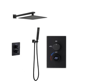 SaniSupreme Aqua - AeroLine Digitale Doucheset Inbouw Douchekraan- LCD Display Mengkraan 10 inch regendouche 2- weg zwart