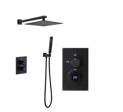 SaniSupreme Aqua - AeroLine Digitale Doucheset Inbouw Douchekraan- LCD Display Mengkraan 10 inch regendouche 2- weg zwart