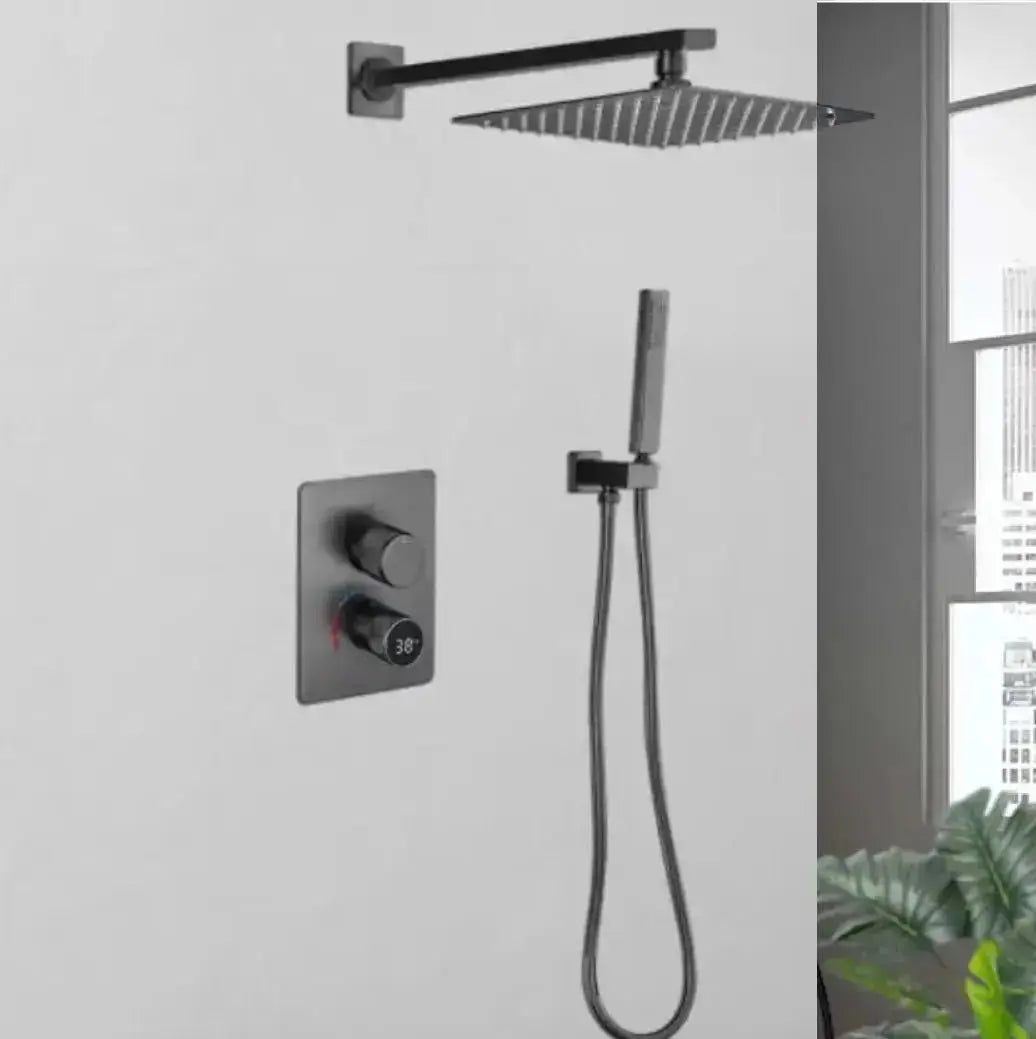 SaniSupreme Aqua - AeroLine Digitale Doucheset Inbouw Douchekraan- LCD Display Mengkraan 30 cm regendouche 2- weg Gun Metal