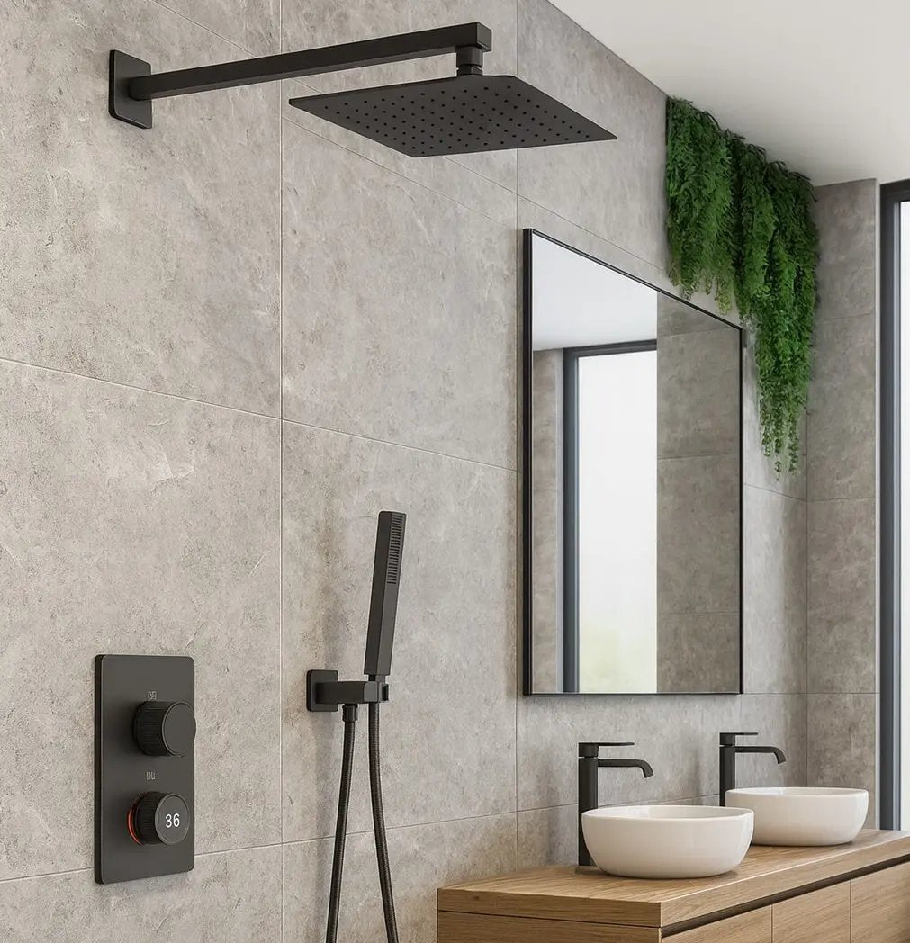 SaniSupreme Aqua-AeroLine Digitale Doucheset Inbouw LCD Display Mengkraan 30 cm regendouche zwart Sanisupreme