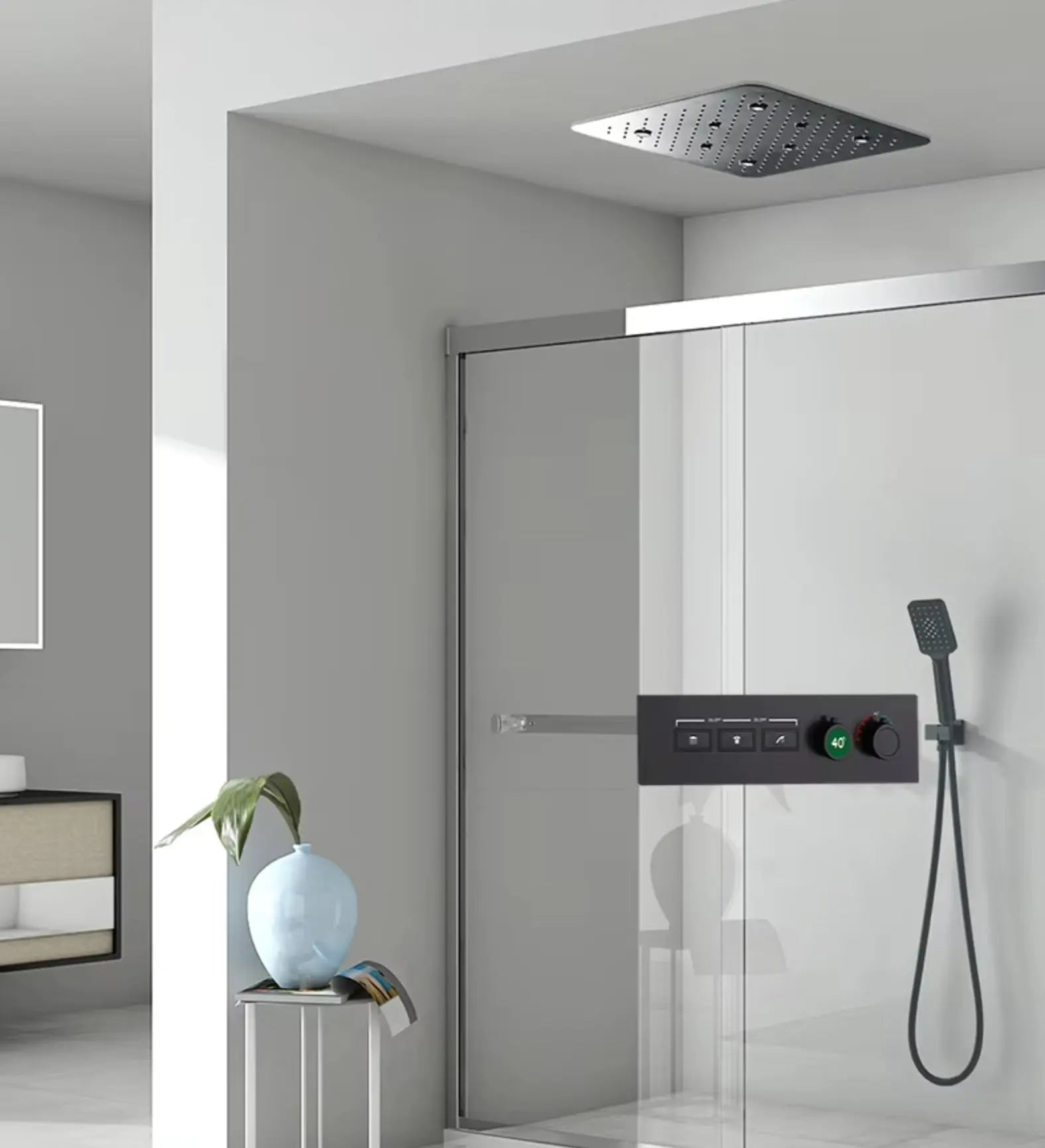 SaniSupreme® AquaMax Platinum Wellness Plafond Thermostatische Doucheset 3 weg Inbouw Plafond LED regendouche Mat Zwart