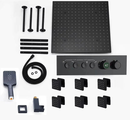 SaniSupreme® AquaMax Platinum Wellness Plafond Thermostatische Doucheset 4 weg Inbouw Plafond LED regendouche Mat Zwart