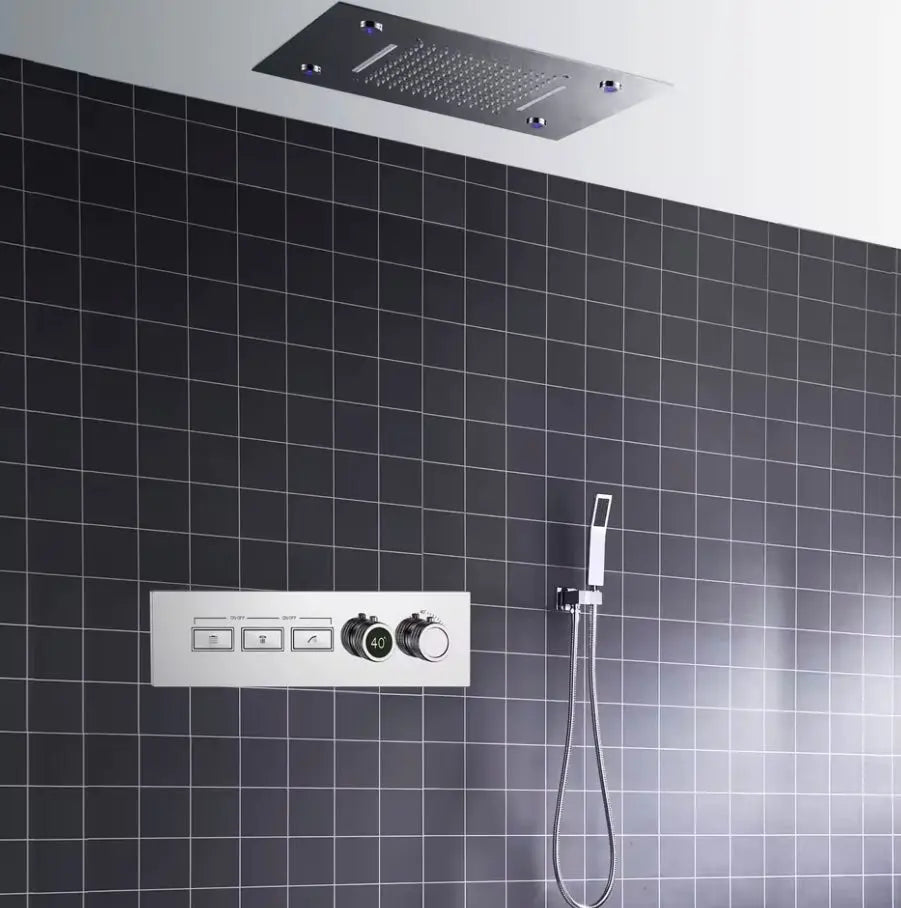 SaniSupreme® AquaTherme Plafond Thermostatische Doucheset Genua 3 weg Inbouw Plafond LED regendouche Chroom