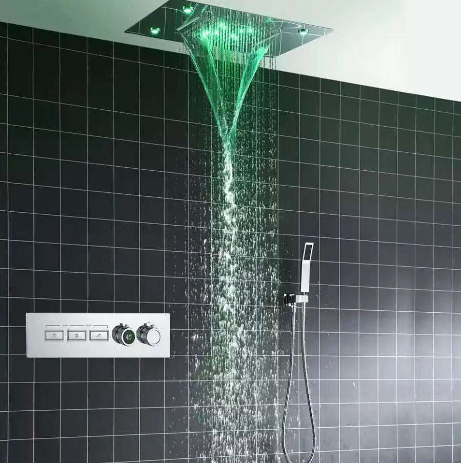SaniSupreme® AquaTherme Plafond Thermostatische Doucheset Genua 3 weg Inbouw Plafond LED regendouche Chroom