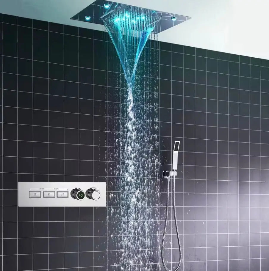 SaniSupreme® AquaTherme Plafond Thermostatische Doucheset Genua 3 weg Inbouw Plafond LED regendouche Chroom