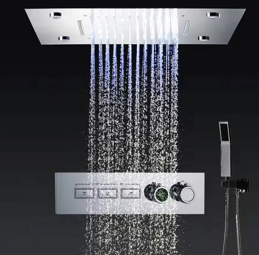 SaniSupreme® AquaTherme Plafond Thermostatische Doucheset Genua 3 weg Inbouw Plafond LED regendouche Chroom