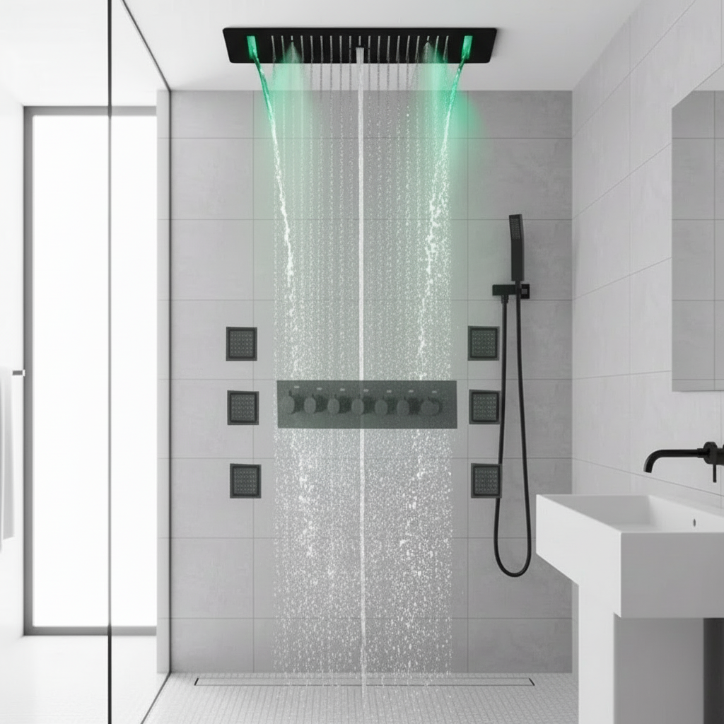 SaniSupreme® AquaTherme Plafond Thermostatische Doucheset Napels 6 weg Inbouw Plafond LED regendouche Mat Zwart