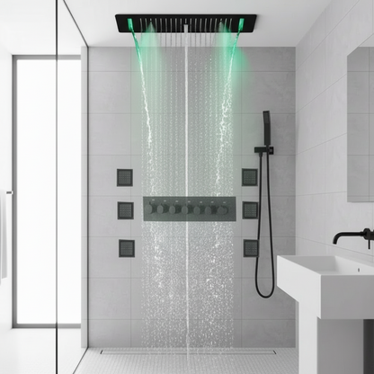 SaniSupreme® AquaTherme Plafond Thermostatische Doucheset Napels 6 weg Inbouw Plafond LED regendouche Mat Zwart