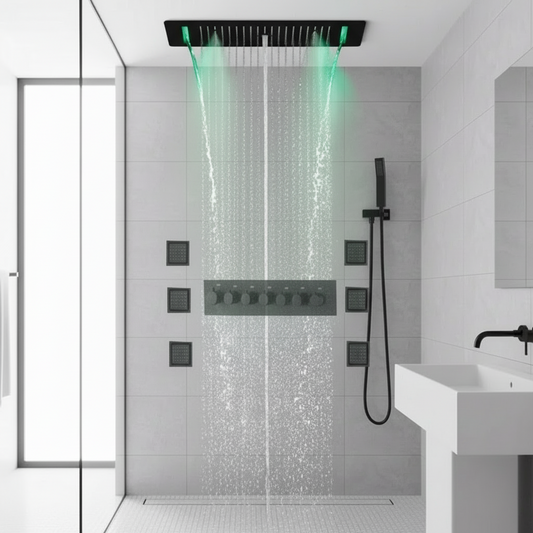 SaniSupreme® AquaTherme Plafond Thermostatische Doucheset Napels 6 weg Inbouw Plafond LED regendouche Mat Zwart