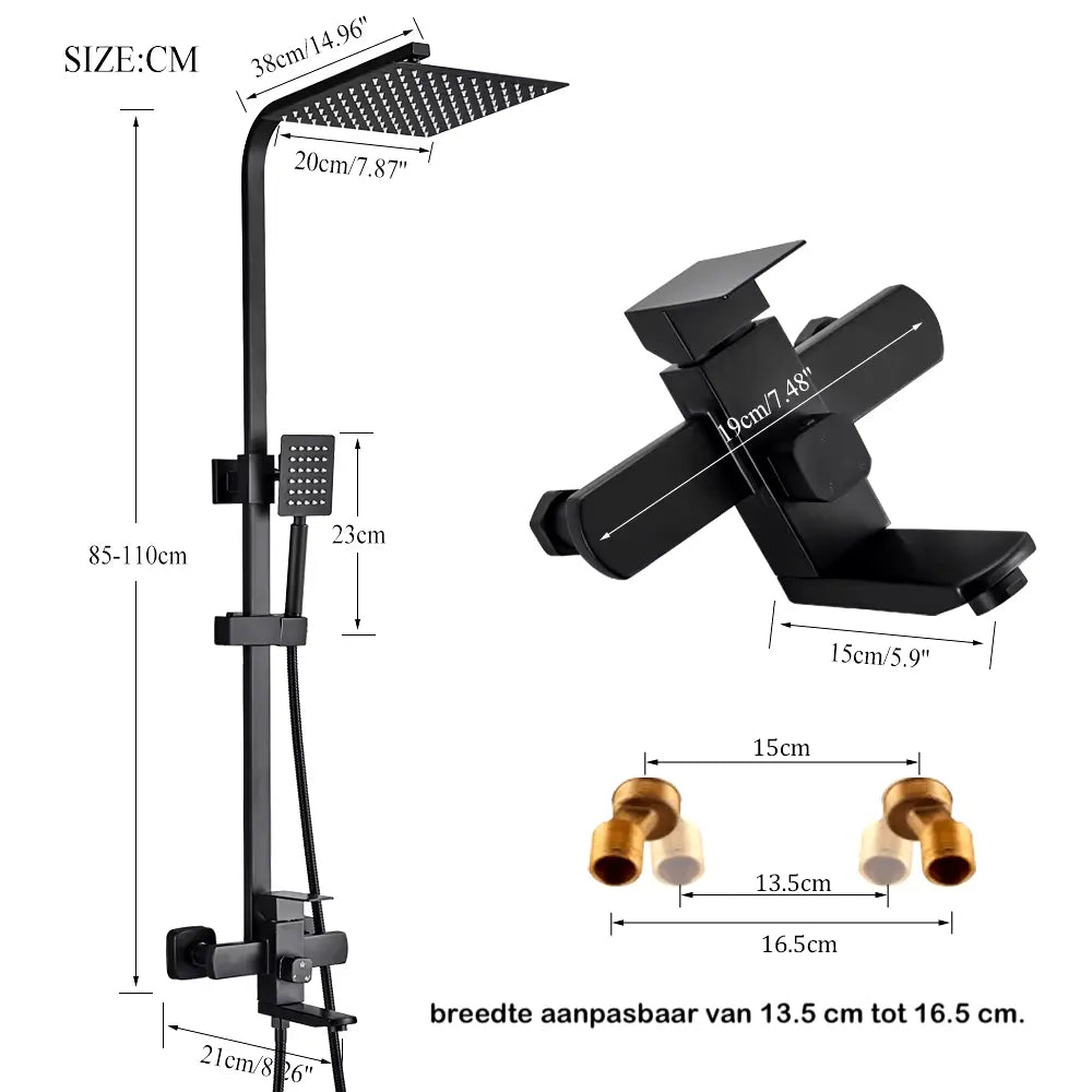 SaniSupreme Arizona Basic opbouw bad doucheset 3 - weg met baduitloop 20 cm. ABS regendouche mat zwart vierkant