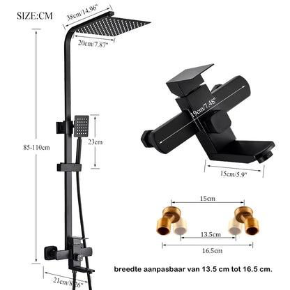 SaniSupreme Arizona Basic opbouw bad doucheset 3 - weg met baduitloop 20 cm. ABS regendouche mat zwart vierkant