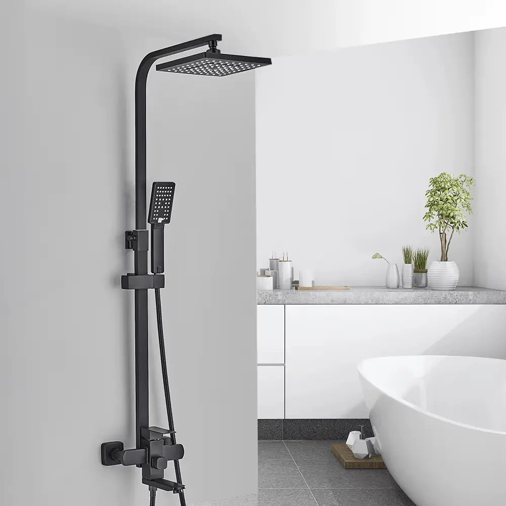 SaniSupreme Arizona Basic opbouw bad doucheset 3 - weg met baduitloop 20 cm. ABS regendouche mat zwart vierkant