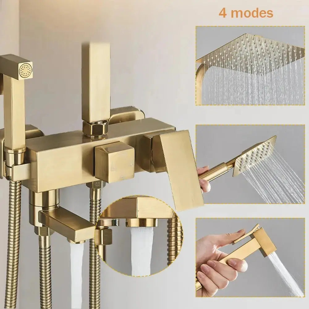 SaniSupreme Arizona Premium opbouw bad doucheset 4 - weg met baduitloop 30 cm en bidet regendouche Goud Geborsteld