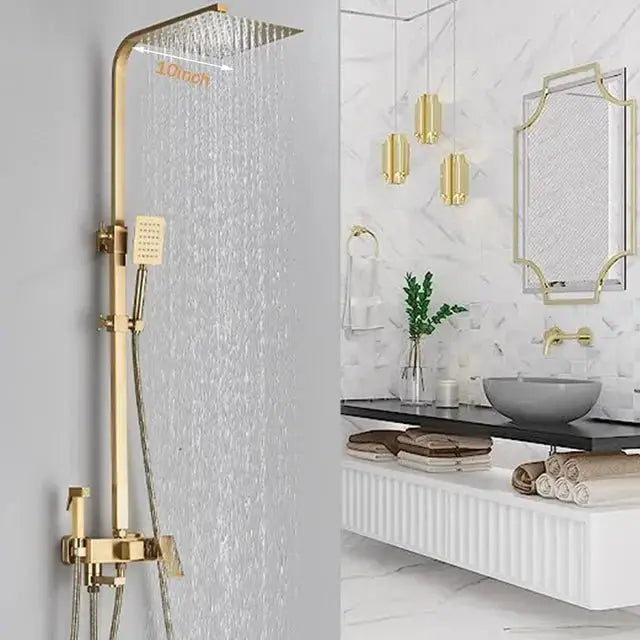 SaniSupreme Arizona Premium opbouw bad doucheset 4 - weg met baduitloop 30 cm en bidet regendouche Goud Geborsteld