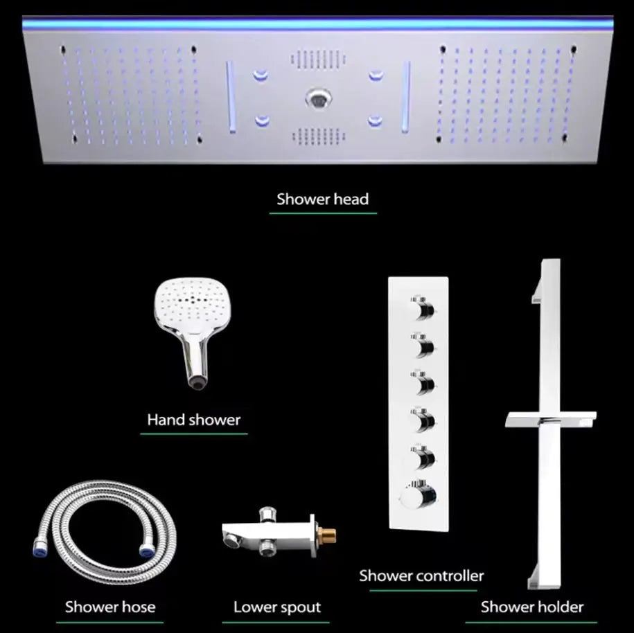 SaniSupreme® Aurora Plafond Thermostatische Doucheset 5 weg systeem Inbouw Plafond LED & Audio regendouche Chroom Glans