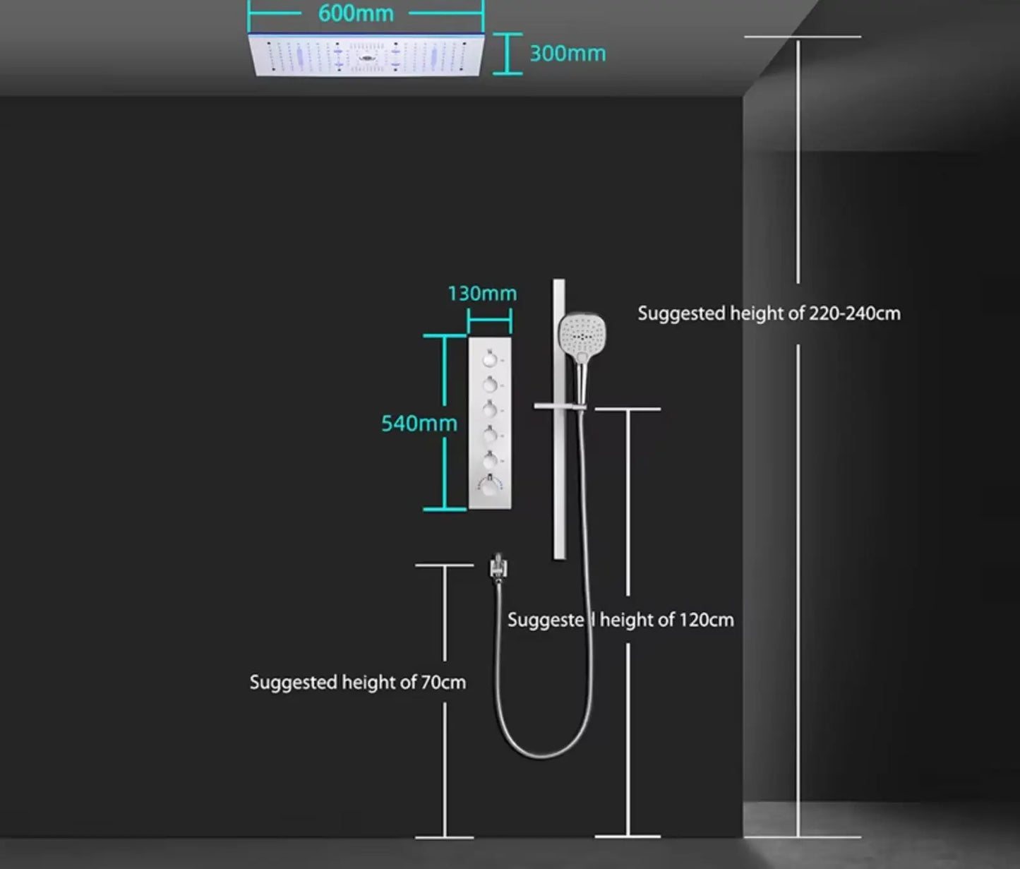 SaniSupreme® Aurora Plafond Thermostatische Doucheset 5 weg systeem Inbouw Plafond LED & Audio regendouche Chroom Glans