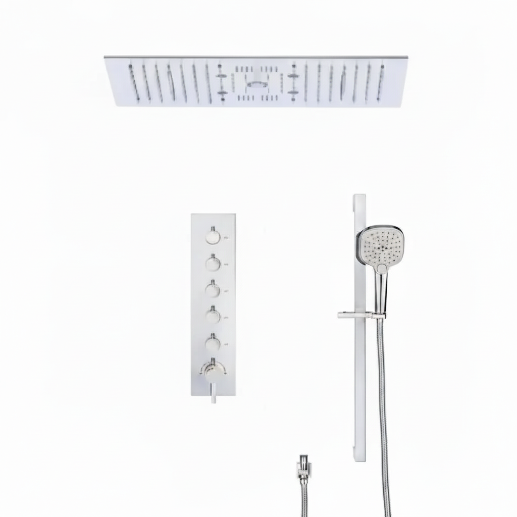 SaniSupreme® Aurora Plafond Thermostatische Doucheset 5 weg systeem Inbouw Plafond LED & Audio regendouche Chroom Glans Sanisupreme