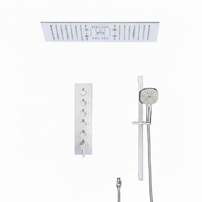 SaniSupreme® Aurora Plafond Thermostatische Doucheset 5 weg systeem Inbouw Plafond LED & Audio regendouche Chroom Glans Sanisupreme