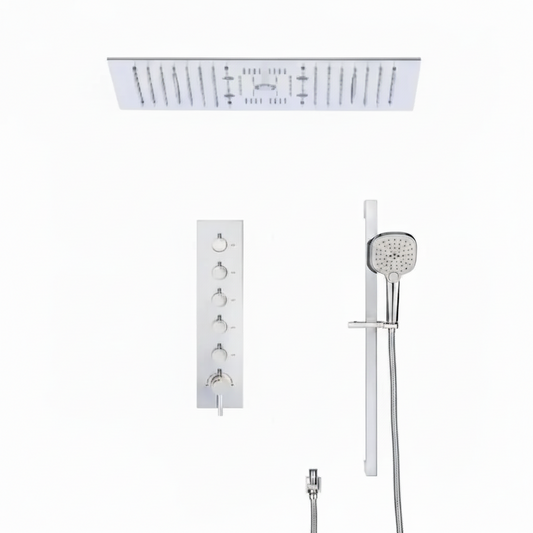 SaniSupreme® Aurora Plafond Thermostatische Doucheset 5 weg systeem Inbouw Plafond LED & Audio regendouche Chroom Glans Sanisupreme