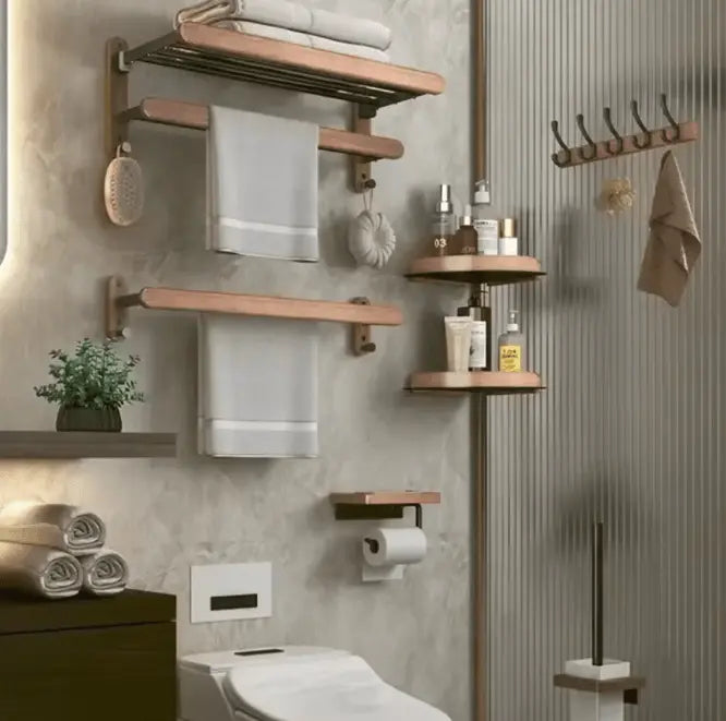 SaniSupreme Badkamer handdoek rek walnoot dubbel, inklapbaar mat zwart rond 60 cm.