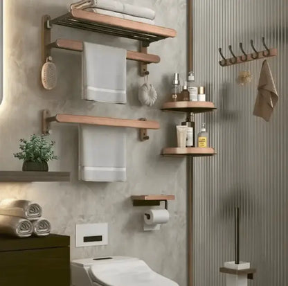 SaniSupreme Badkamer handdoek rek walnoot dubbel, inklapbaar mat zwart rond 60 cm.