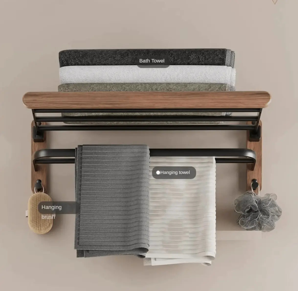 SaniSupreme Badkamer handdoek rek walnoot dubbel, inklapbaar mat zwart rond 60 cm.