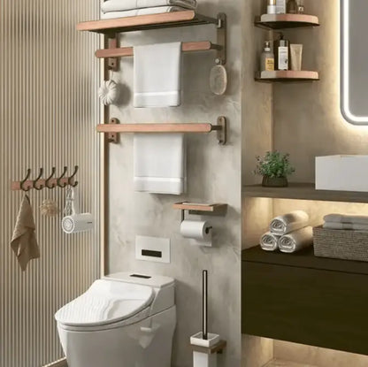 SaniSupreme Badkamer handdoek rek walnoot dubbel, inklapbaar mat zwart rond 60 cm.