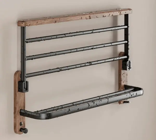 SaniSupreme Badkamer handdoek rek walnoot dubbel, inklapbaar mat zwart rond 60 cm.