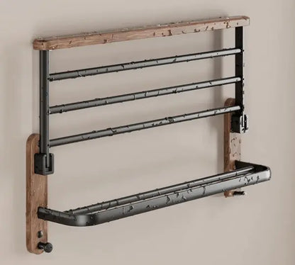 SaniSupreme Badkamer handdoek rek walnoot dubbel, inklapbaar mat zwart rond 60 cm.