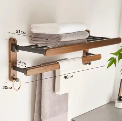 SaniSupreme Badkamer handdoek rek walnoot dubbel, inklapbaar mat zwart rond 60 cm.