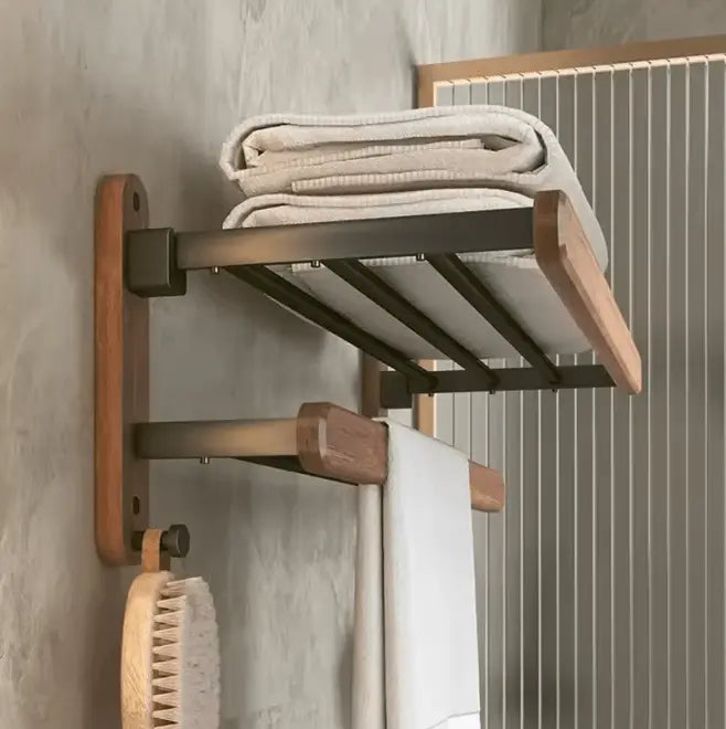 SaniSupreme Badkamer handdoek rek walnoot dubbel, inklapbaar mat zwart rond 60 cm.