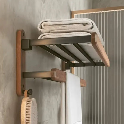 SaniSupreme Badkamer handdoek rek walnoot dubbel, inklapbaar mat zwart rond 60 cm.